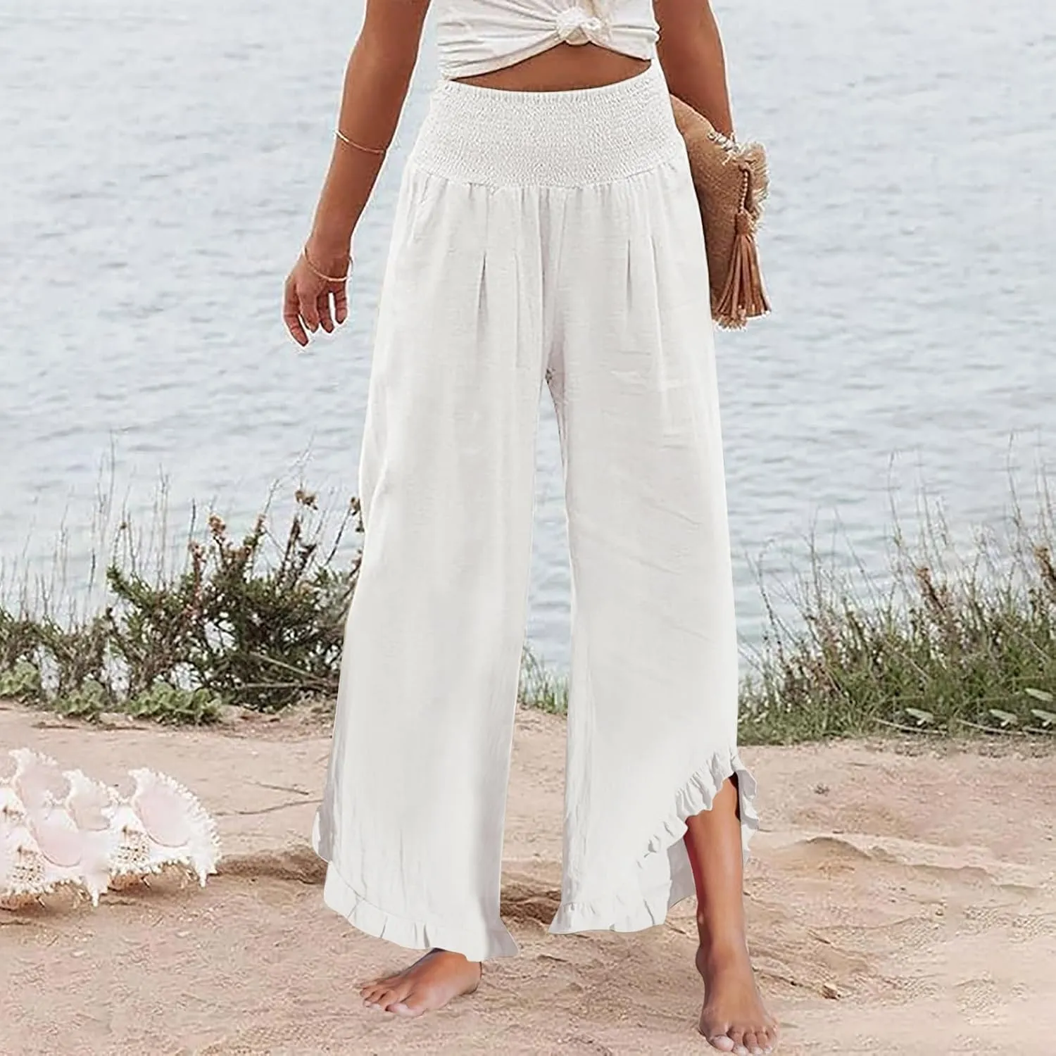 Women's Fashion Pants,Summer Wide Leg Casual Elastic High Waist Irregular Palazzo Pants with Pockets