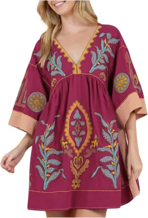 Womens Floral Embroidered Print Long Dress Summer V-Neck and 3/4 Sleeves Loose Fit Vintage Trendy Embroidery Babydoll Dress