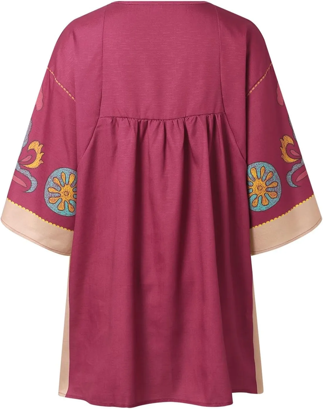 Womens Floral Embroidered Print Long Dress Summer V-Neck and 3/4 Sleeves Loose Fit Vintage Trendy Embroidery Babydoll Dress
