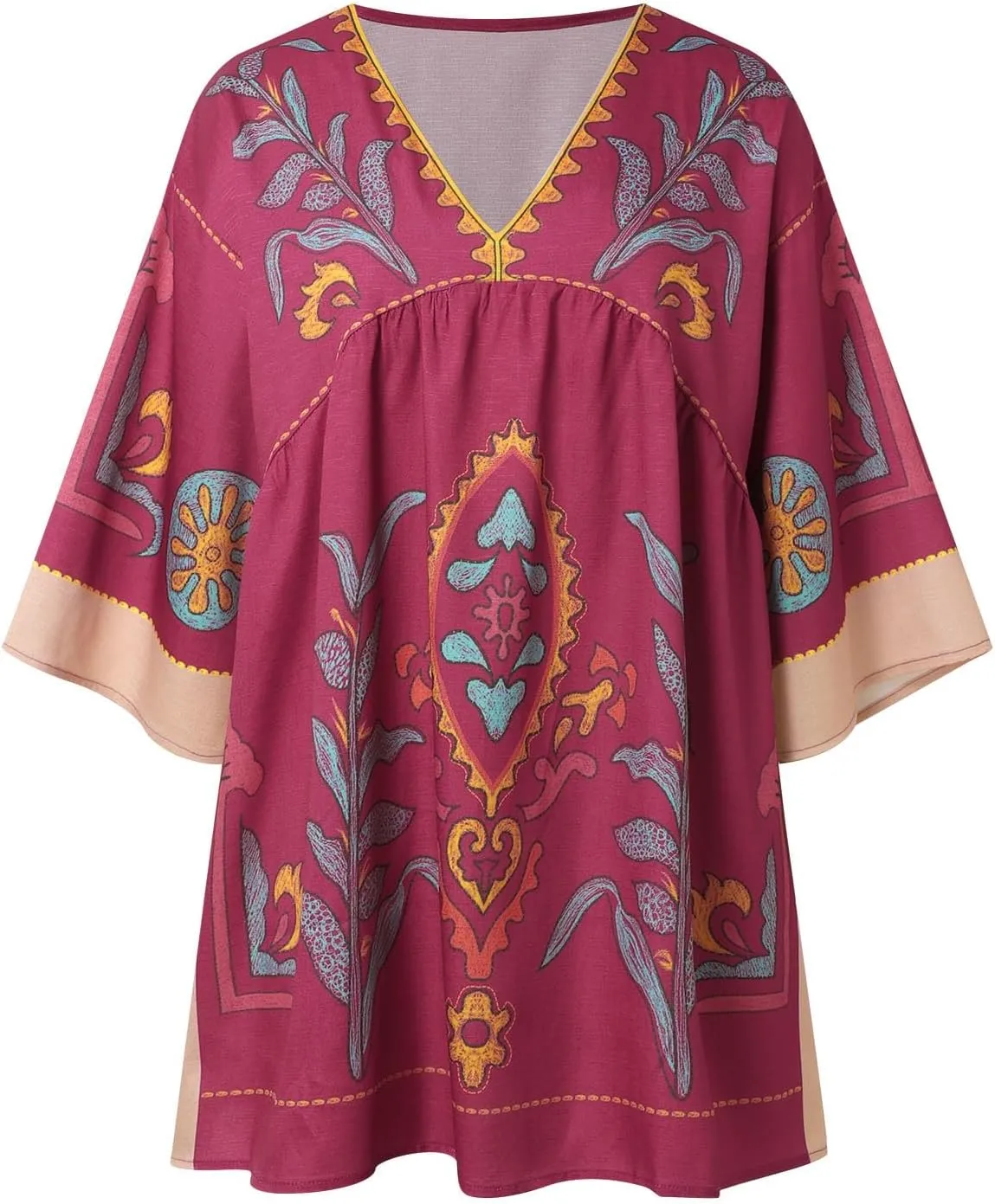 Womens Floral Embroidered Print Long Dress Summer V-Neck and 3/4 Sleeves Loose Fit Vintage Trendy Embroidery Babydoll Dress