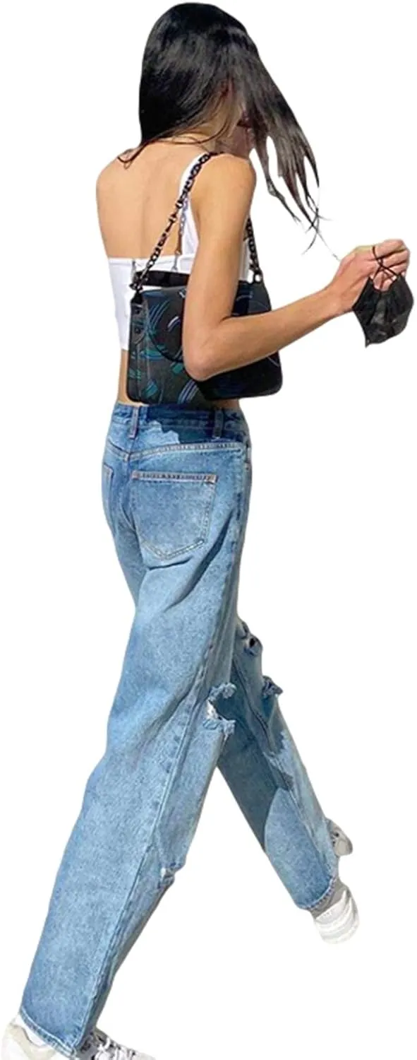 Women's Ripped Boyfriends Jeans High Waist Wide Leg Denim Pants Vintage Loose Distressed Straight Jeans with Pockets