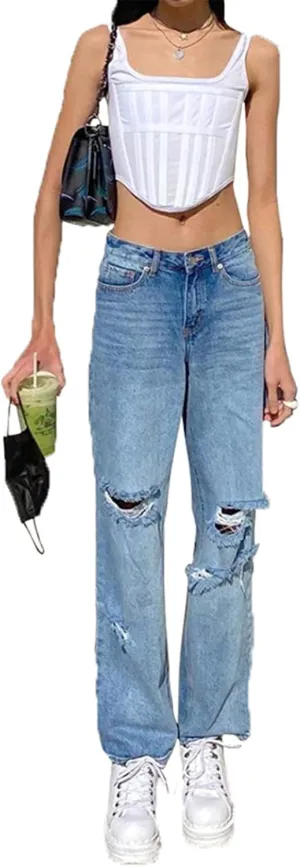Women's Ripped Boyfriends Jeans High Waist Wide Leg Denim Pants Vintage Loose Distressed Straight Jeans with Pockets