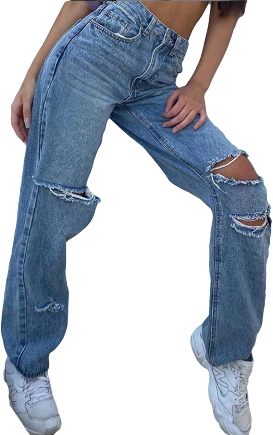 Women's Ripped Boyfriends Jeans High Waist Wide Leg Denim Pants Vintage Loose Distressed Straight Jeans with Pockets