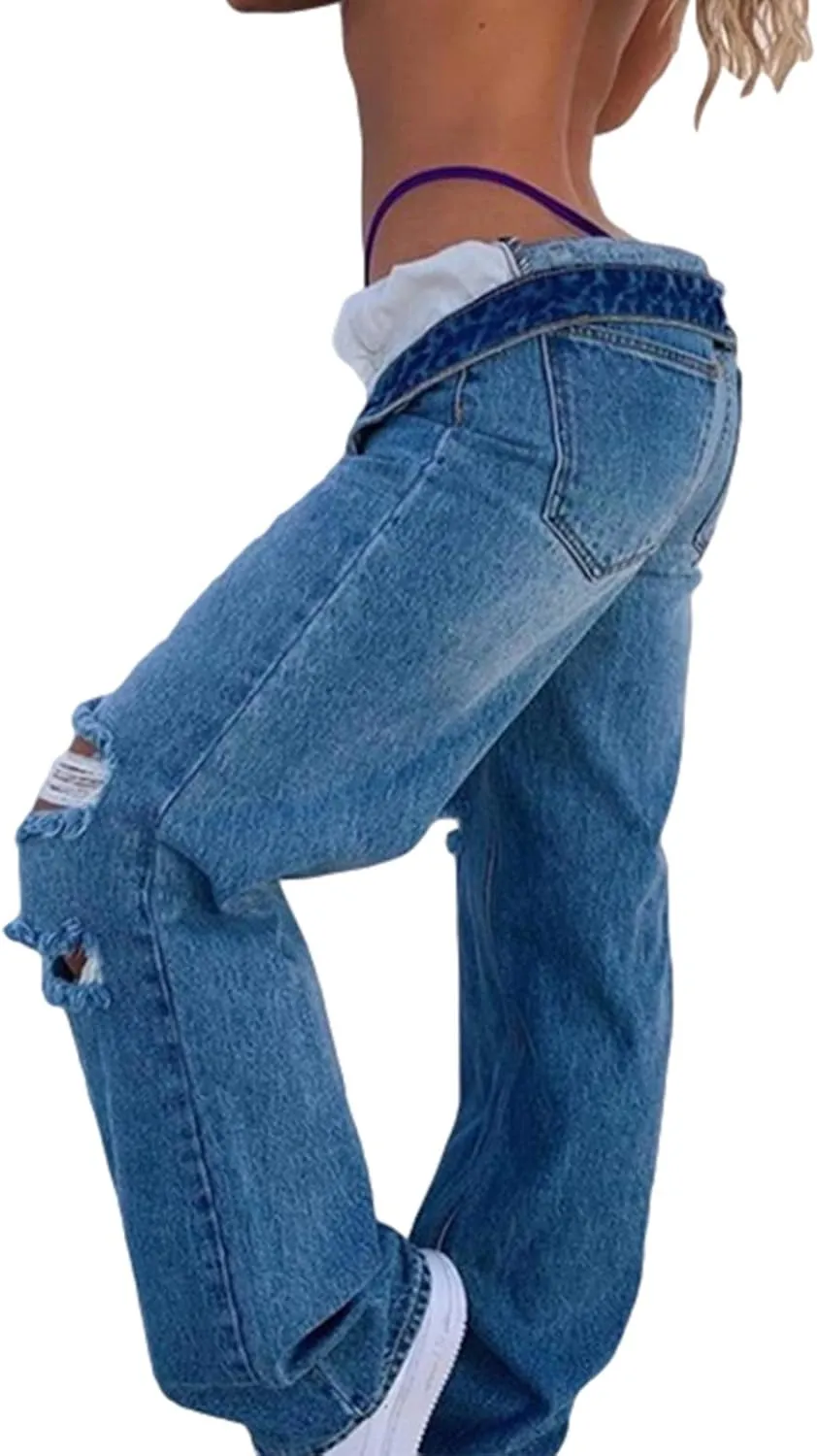 Women's Ripped Boyfriends Jeans High Waist Wide Leg Denim Pants Vintage Loose Distressed Straight Jeans with Pockets