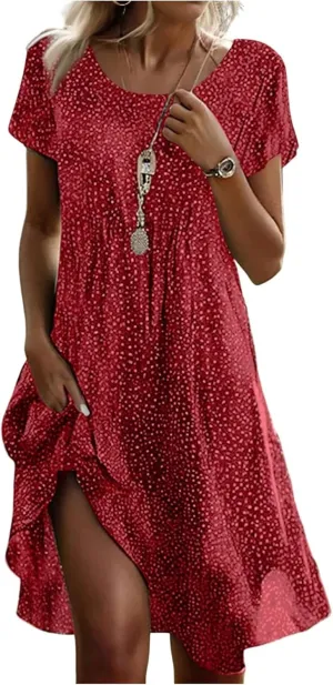 Women's Short Sleeve Summer Sundress with Pockets, Casual Loose Fit Floral Round Neck Knee Length Beach Dress