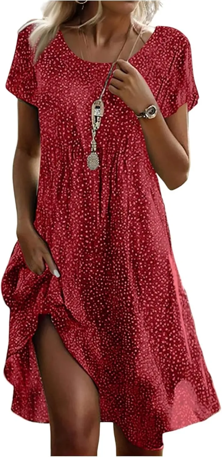 Women's Short Sleeve Summer Sundress with Pockets, Casual Loose Fit Floral Round Neck Knee Length Beach Dress