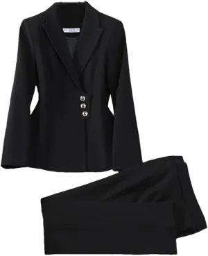 Women's Single Breasted Suit Office Blazer Pant Sets 2 Piece Outfit Black