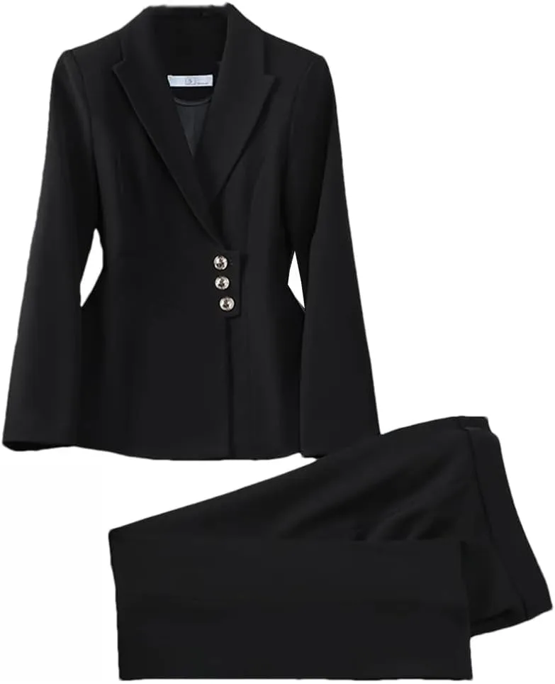 Women's Single Breasted Suit Office Blazer Pant Sets 2 Piece Outfit Black