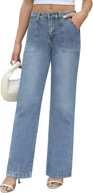 Womens Wide Leg Jeans High Waisted Carpenter Cargo Jeans Casual 90s Y2K Flap Pocket Straight Leg Jeans for Women