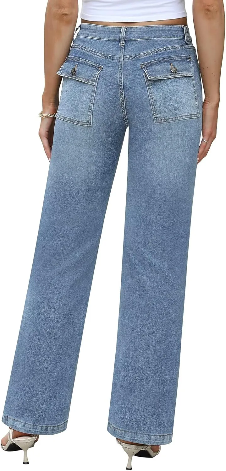 Womens Wide Leg Jeans High Waisted Carpenter Cargo Jeans Casual 90s Y2K Flap Pocket Straight Leg Jeans for Women