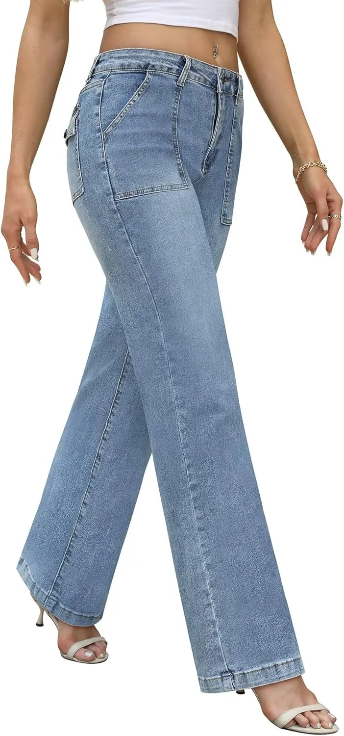 Womens Wide Leg Jeans High Waisted Carpenter Cargo Jeans Casual 90s Y2K Flap Pocket Straight Leg Jeans for Women