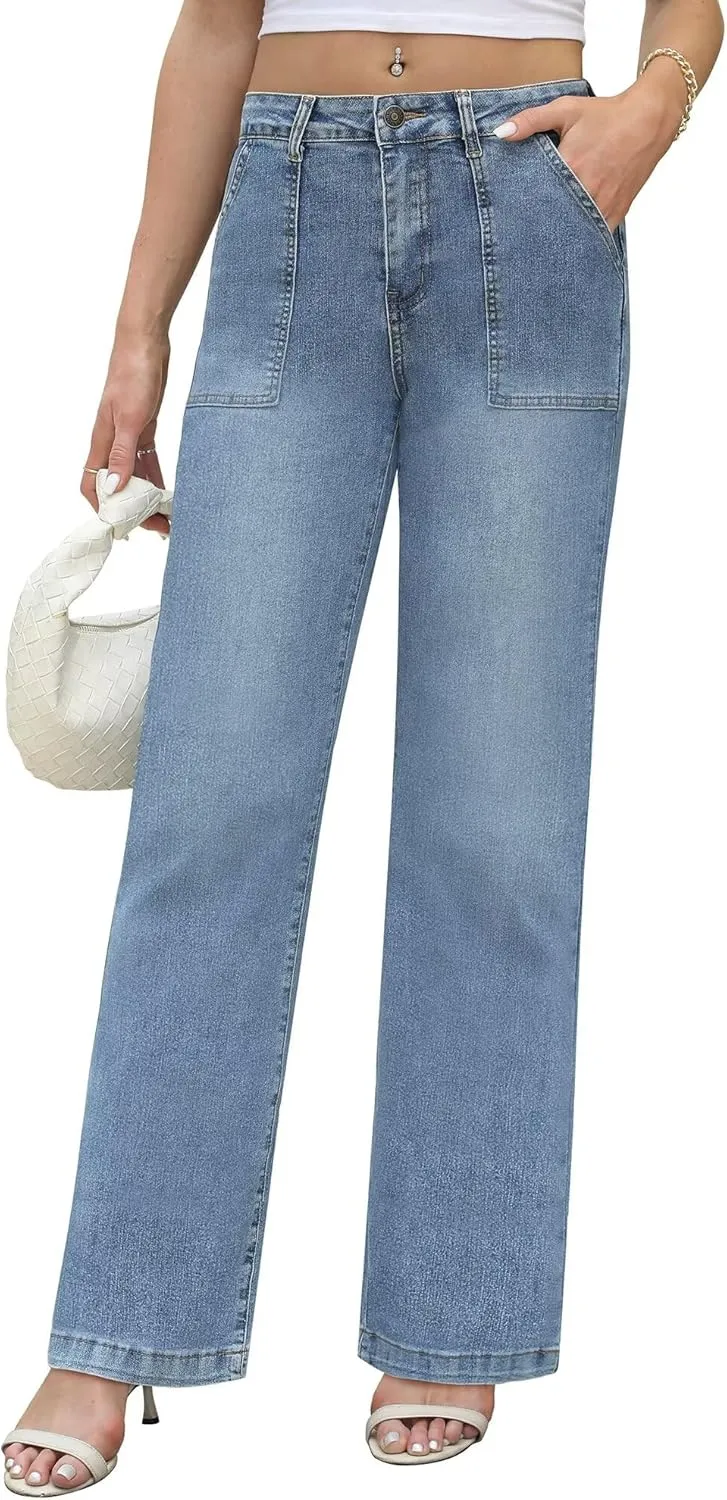 Womens Wide Leg Jeans High Waisted Carpenter Cargo Jeans Casual 90s Y2K Flap Pocket Straight Leg Jeans for Women