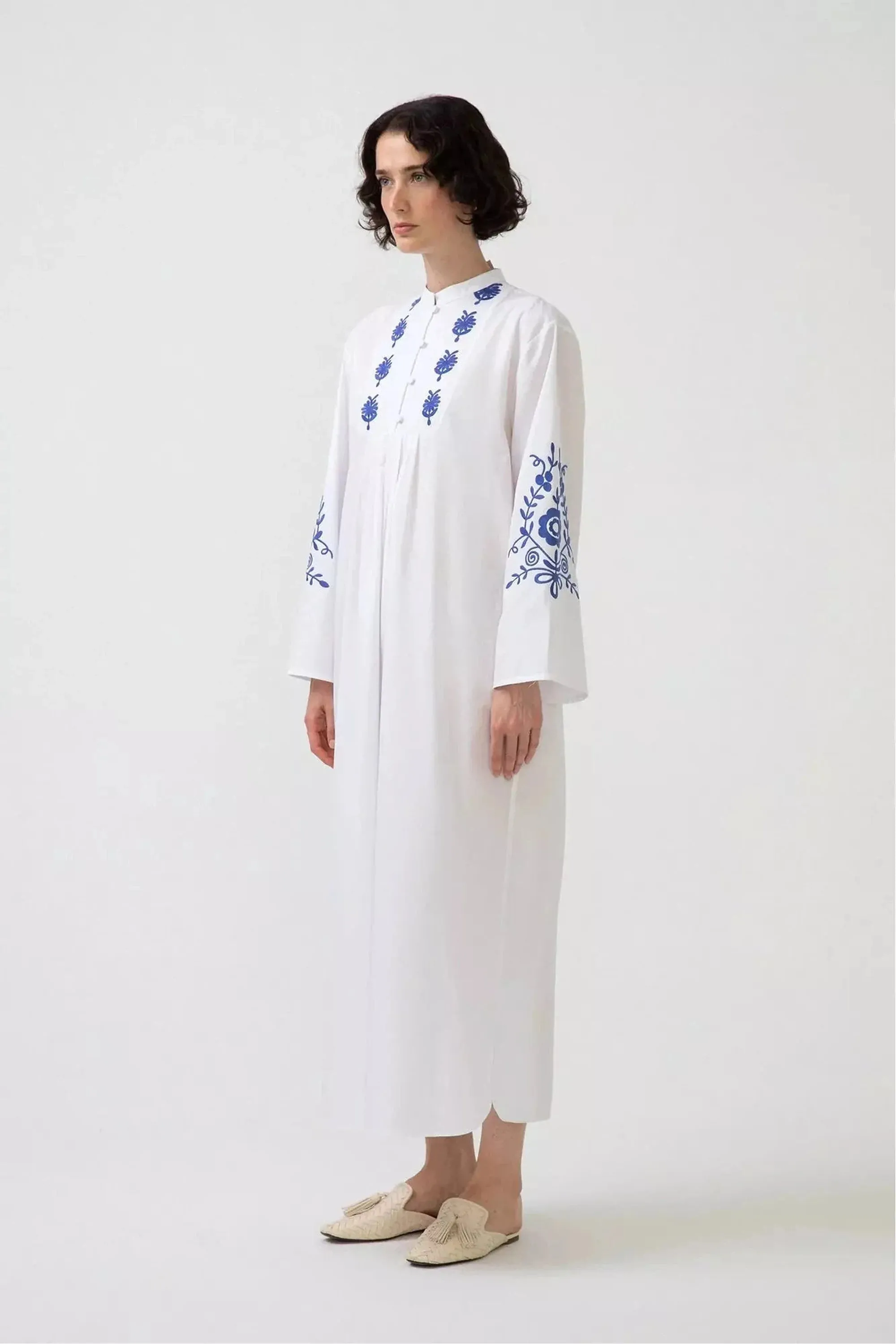 Zara White Embroidered Dress with Long Sleeve